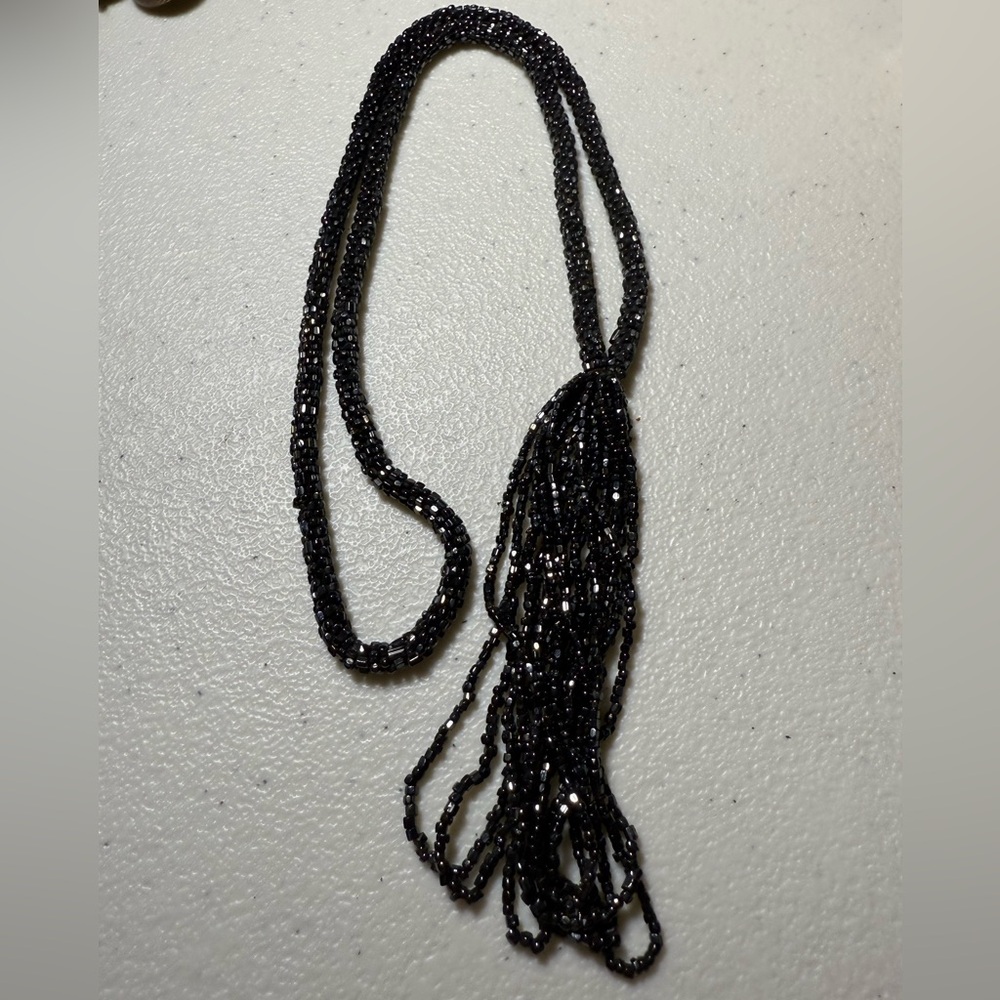 VTG Victorian Goth Black Glass Beaded Rope Necklace Retro Renaissance Revival